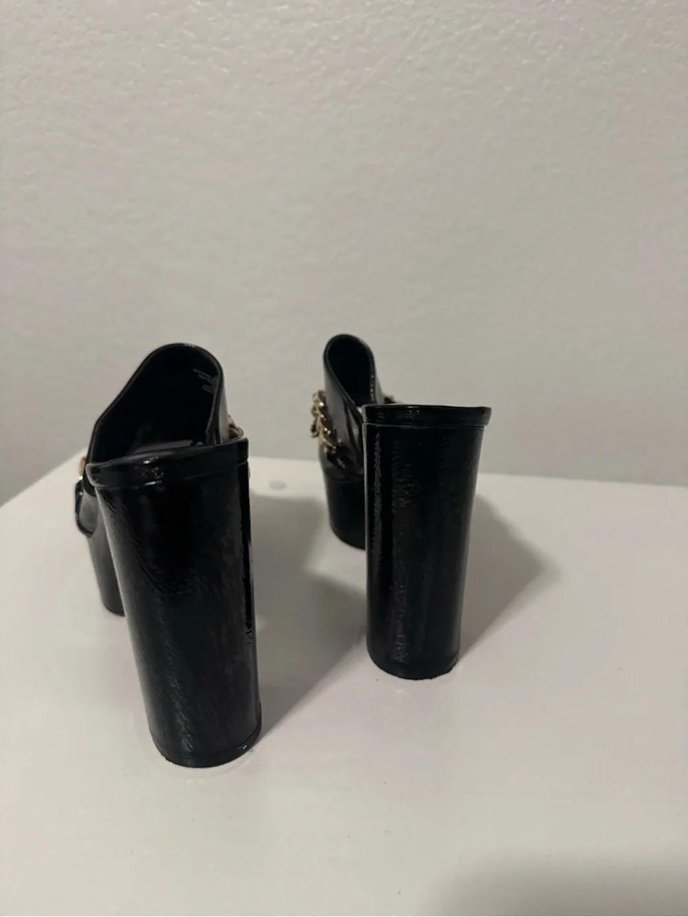 Karl Lagerfeld Black Patent Platform Mules with Gold Chain Charms